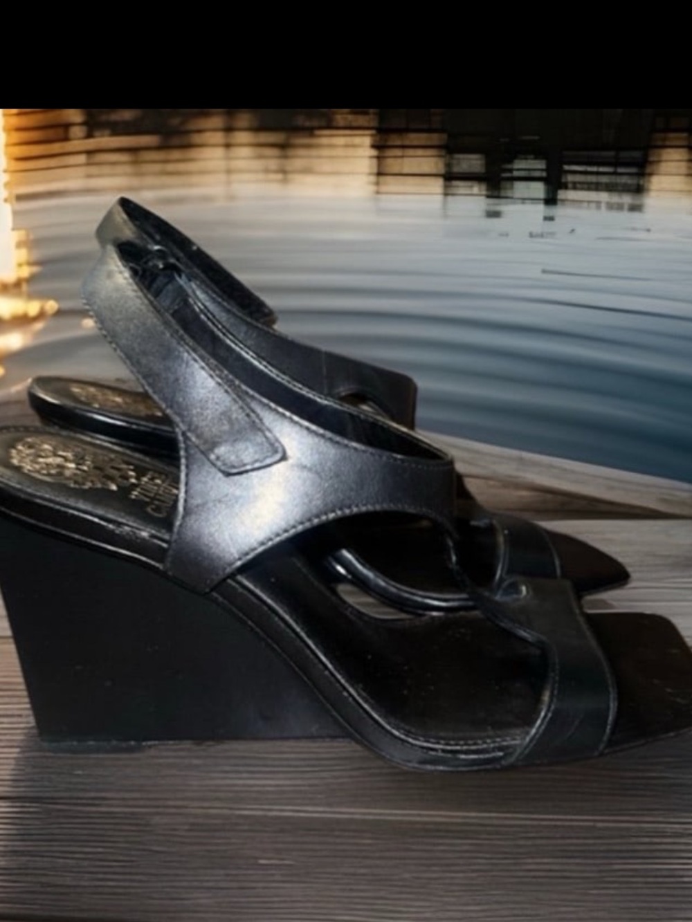 Vince Camuto Larahana Black Leather Dress Wedge Sandals, Women’s size 8